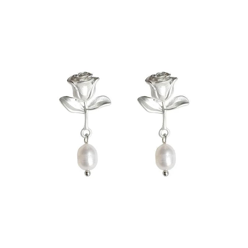 Handmade Rose Flower Stud Earrings With Freshwater Pearl, Matte Silver Plated Copper Luxury Jewelry