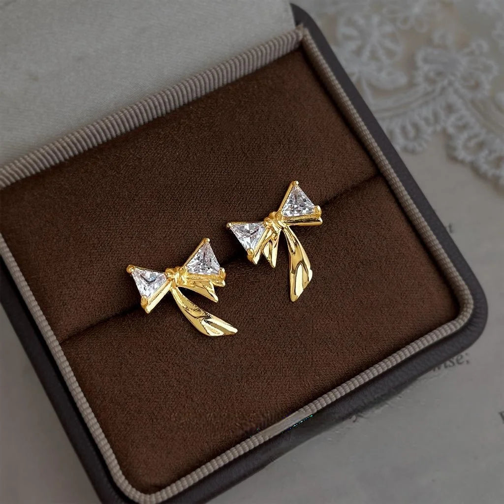 High End Zircon Bowknot Copper Stud Earrings For Women Minimalist Commuter Jewelry