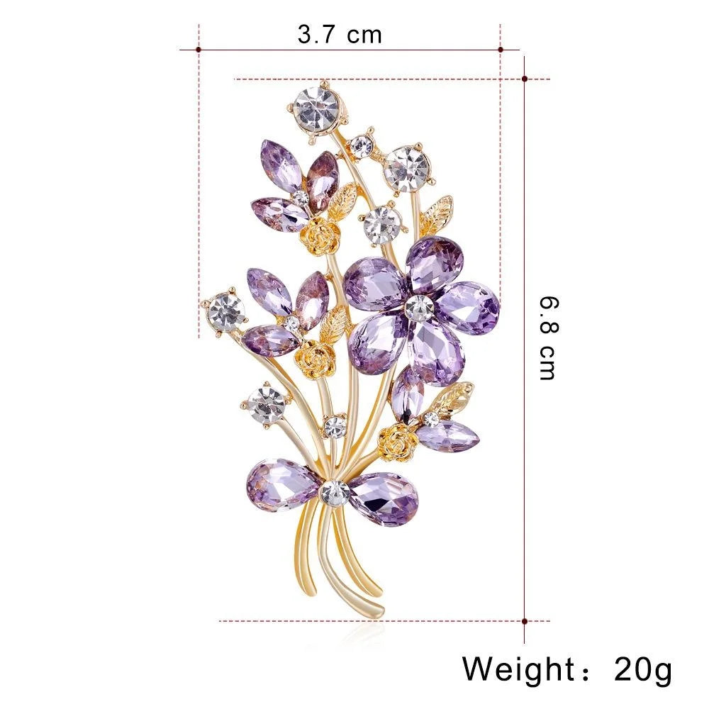 Elegant Purple Crystal Flower Bouquet Brooch Alloy Rhinestone Lapel Pin Corsage Suit Accessory Gift
