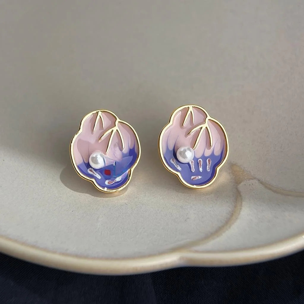 French Vintage Copper Enamel Drip Glaze Hand Painted Tulip Pearl Stud Earrings