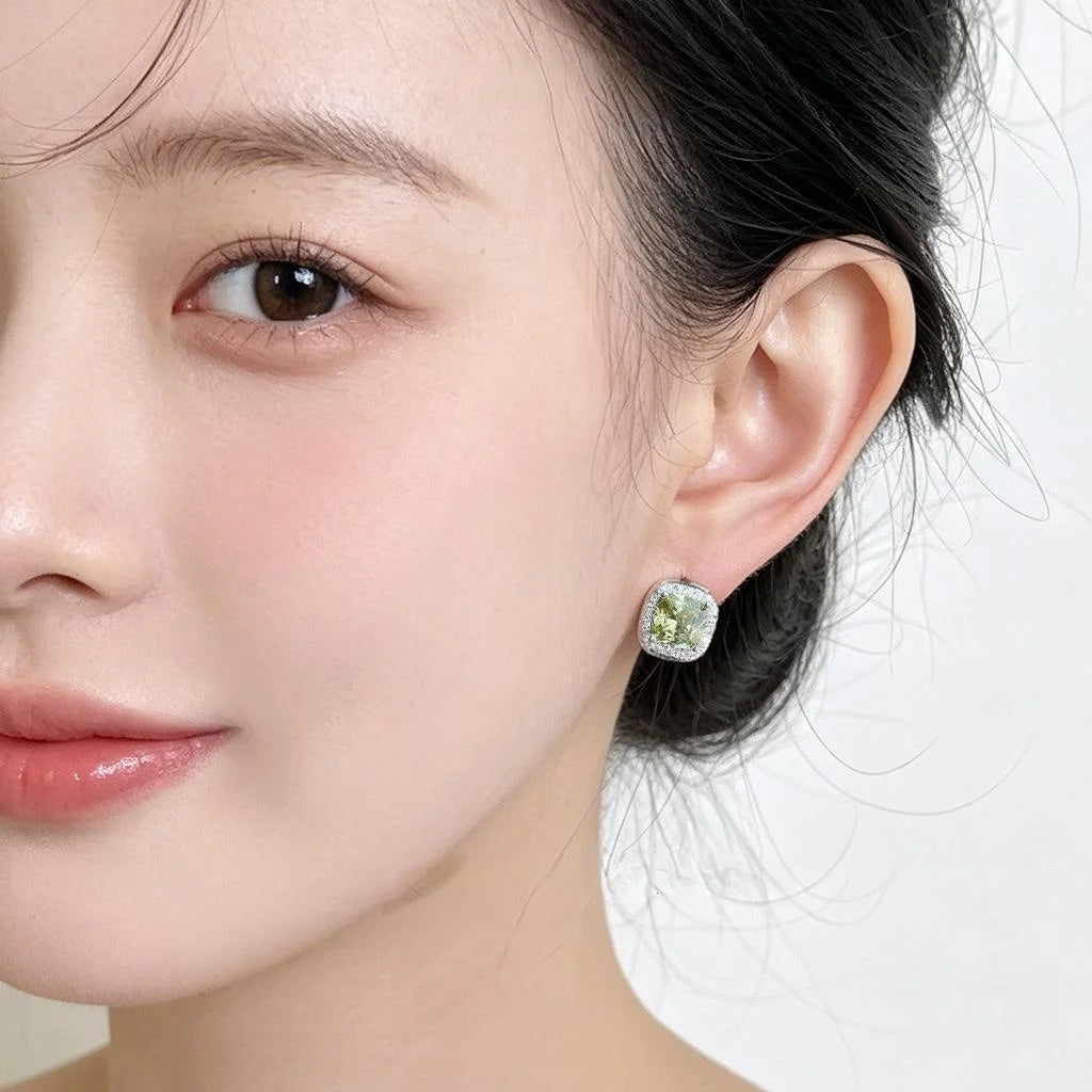Olive Green Square Sugar Cube Zircon Stud Earrings Eco-Friendly Copper Elegant Minimalist Jewelry