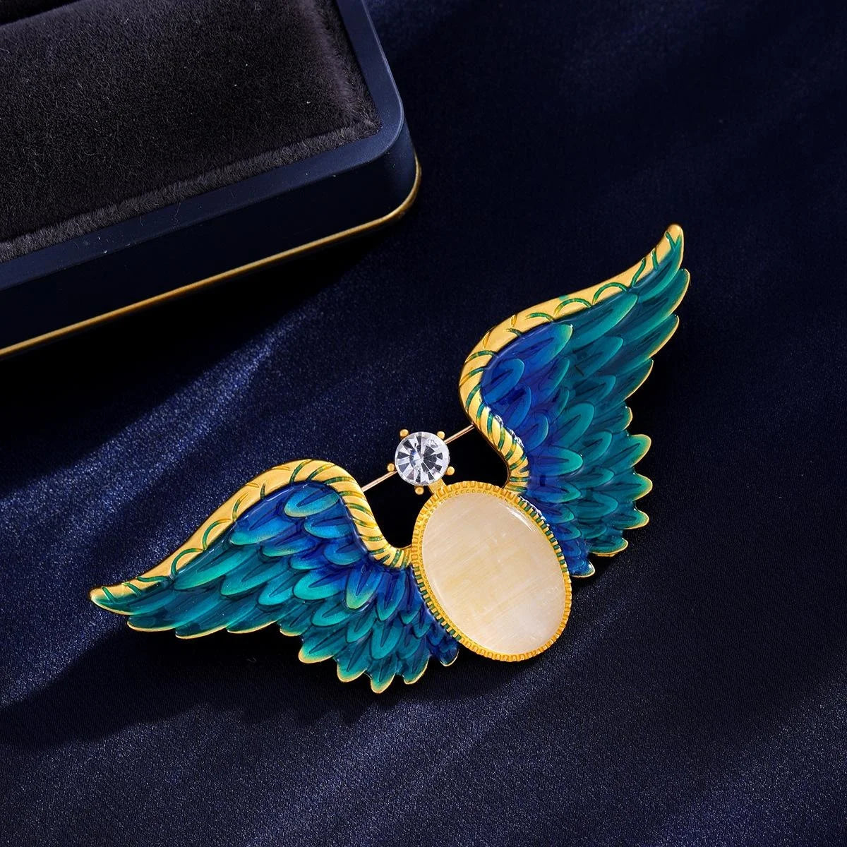 Luxury Blue Eagle Wing Enamel Alloy Brooch With Rhinestone, Elegant Lapel Pin Suit Accessory Gift
