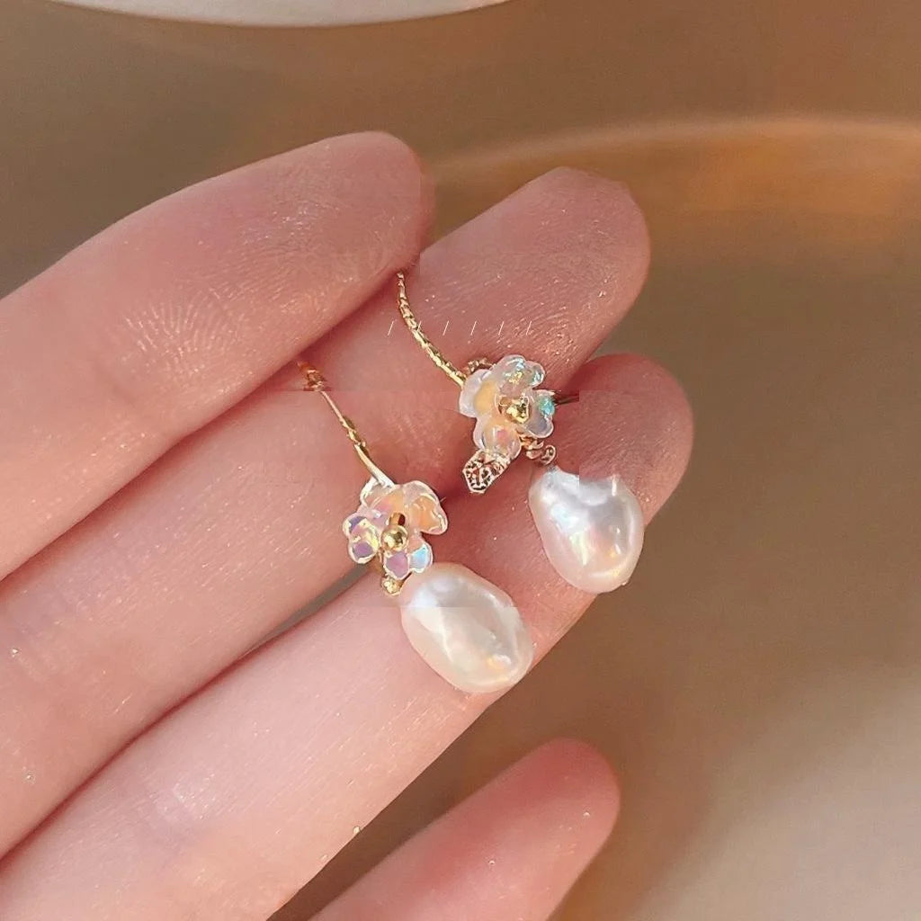 French Light Luxury Baroque Freshwater Pearl Floral Geometric Copper Drop Earrings