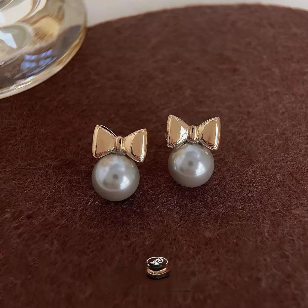 Glass Pearl Bow Drop Earrings for Women, Silver Plated Pin, Elegant Sweet Minimalist Jewelry