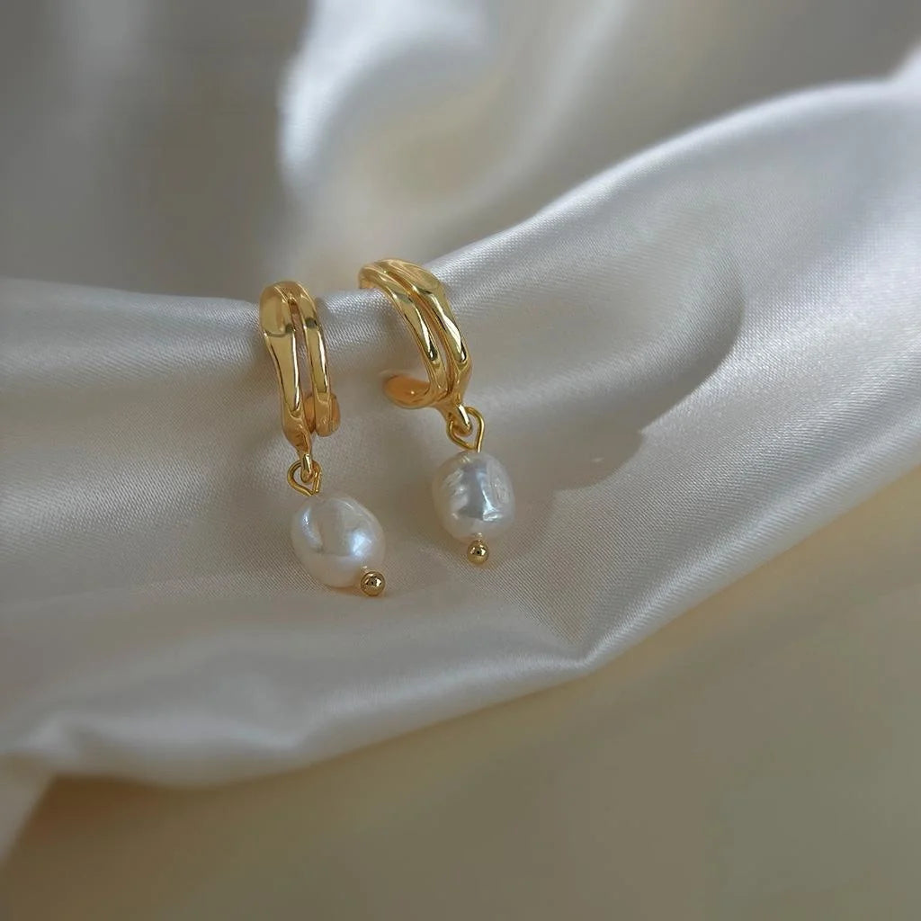 14K Gold Plated Copper Freshwater Pearl Drop Earrings Minimalist Geometric Hoop Design
