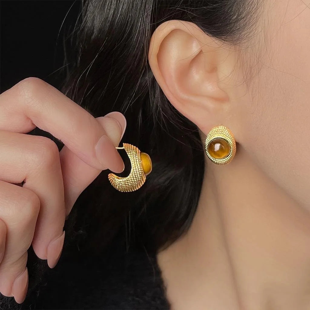 Vintage 14K Plated Copper Natural Tiger Eye Teardrop Geometric Drop Earrings