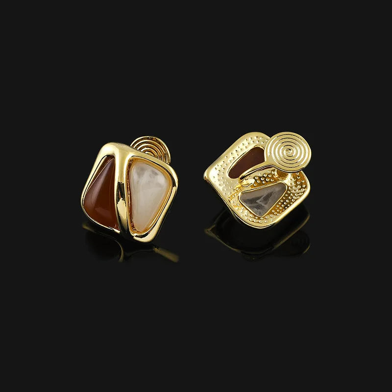 Elegant Geometric Square Alloy Enamel Maillard Stud & Clip On No Piercing Commuter Statement Earrings
