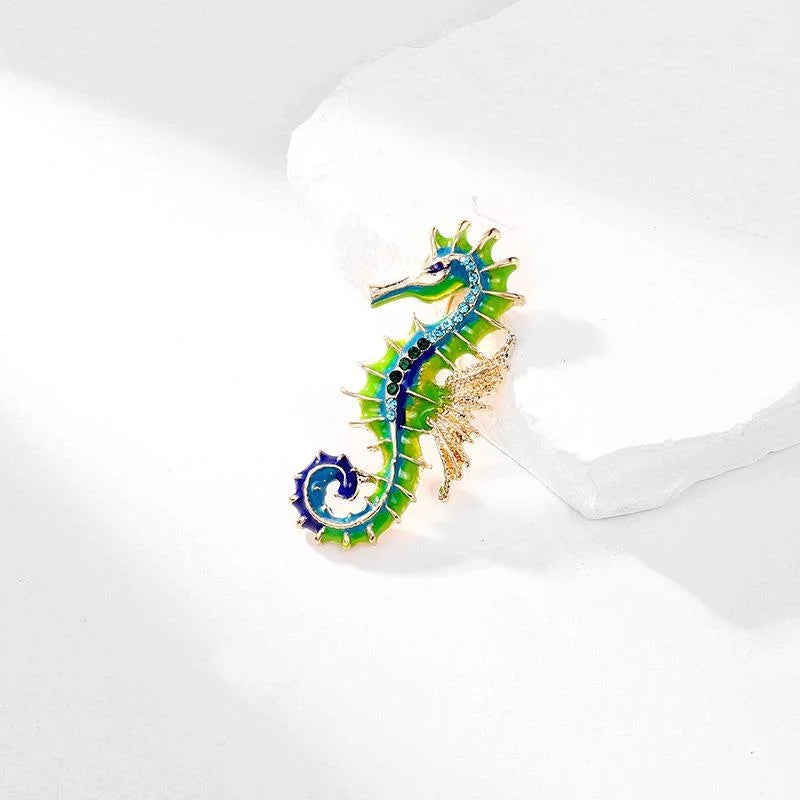 Elegant Enamel Seahorse Brooch With Blue Rhinestones, Gold Tone Alloy Lapel Pin Corsage Gift