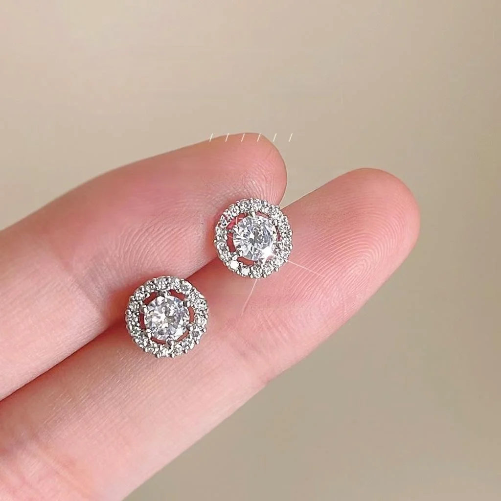 Mini Micro Pave Zircon Round Geometric Copper Stud Earrings With Silver Plated Pins