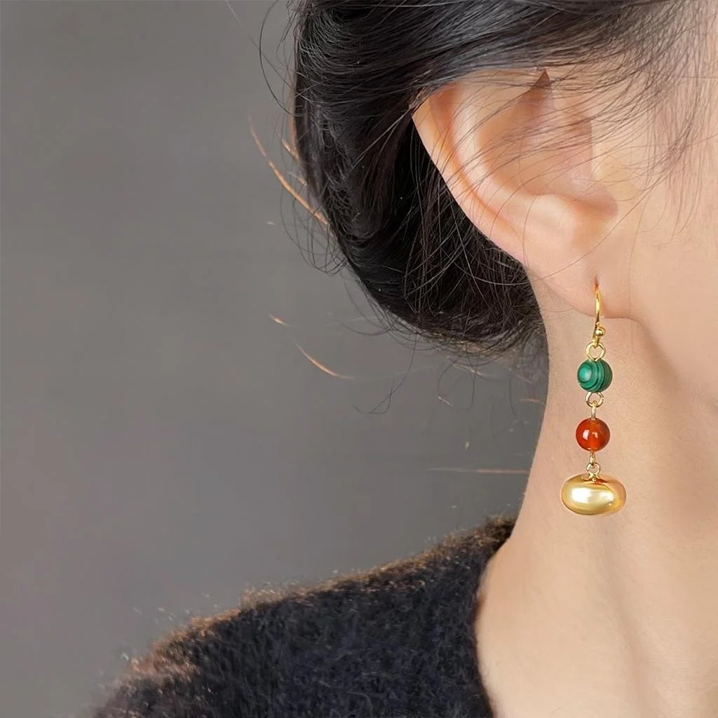 Vintage Handmade Red Agate Synthetic Malachite Copper Tassel Drop Earrings For Women