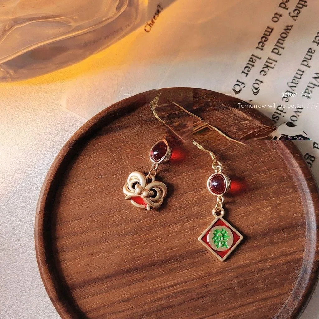 Chinese New Year Lion Dance Asymmetric 14K Plated Copper Drop Earrings