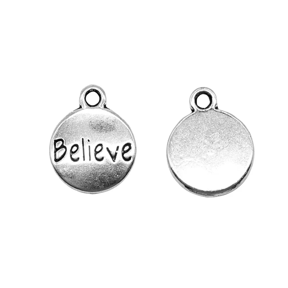 11x14mm 0.9g Antique Silver Zinc Alloy Believe Round Tag Letter Charm Pendant for DIY Jewelry Making