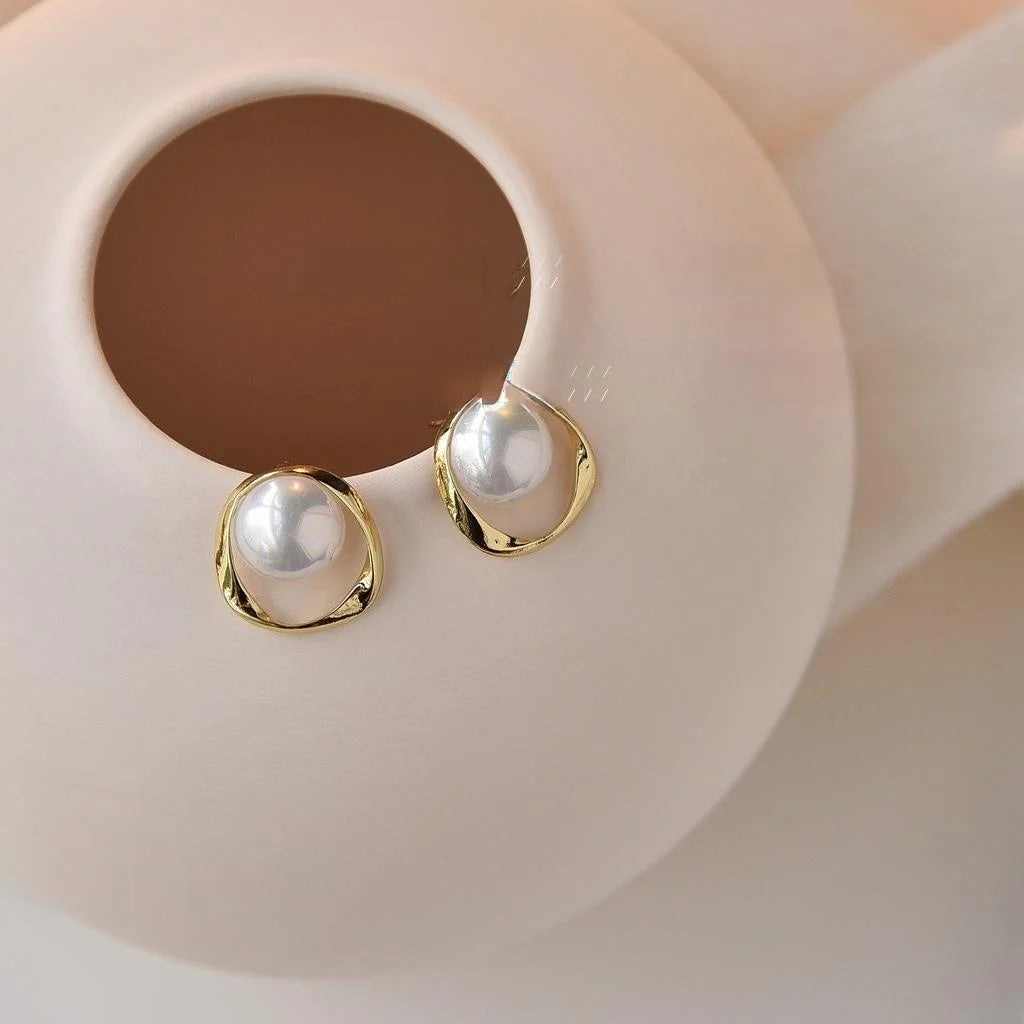14K Gold Plated Copper 3D Geometric Pearl Stud Earrings For Women Korean Fashion Jewelry