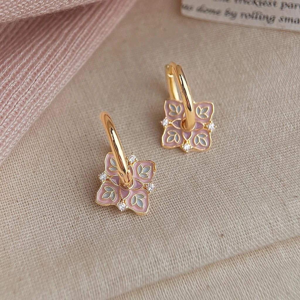 New Chinese Style Vintage Floral Enamel Copper Micro Pave Zircon Drop Earrings
