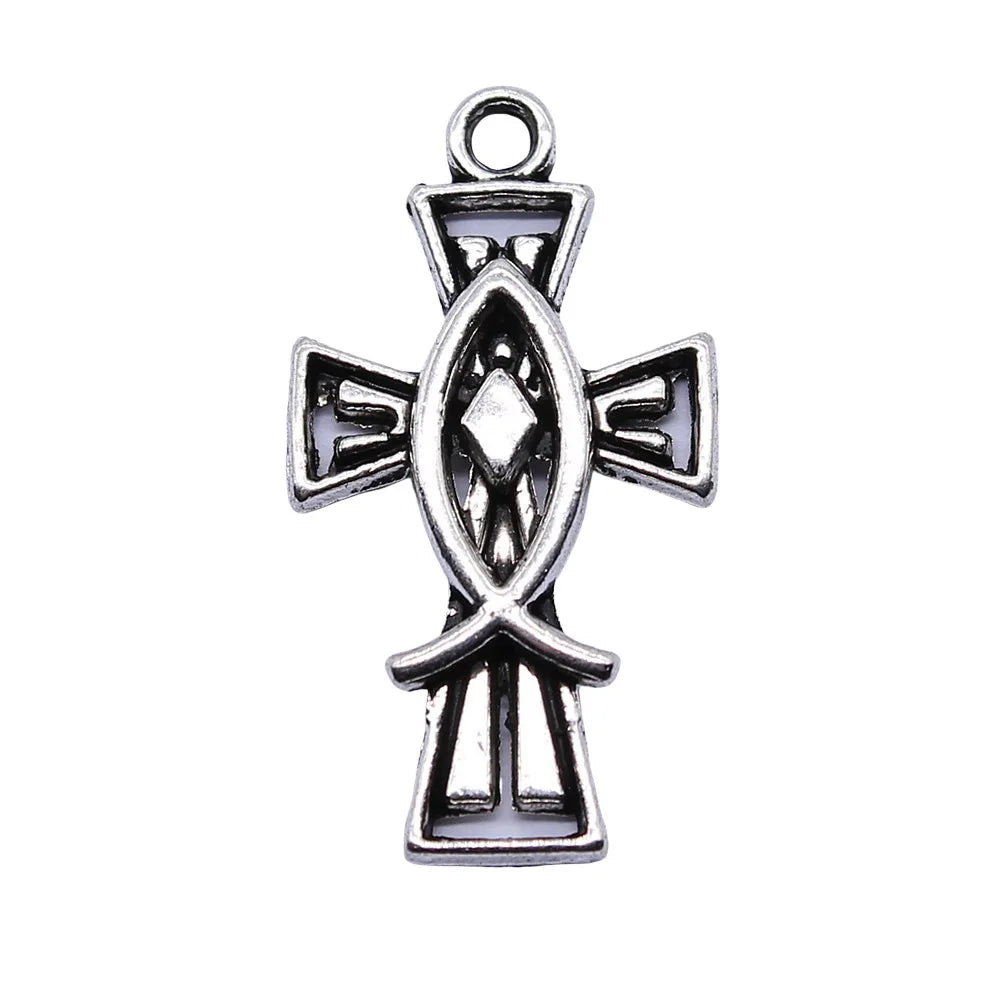 14x26mm 1.3g Antique Silver Zinc Alloy Fish Cross Charm Pendant for Necklace Bracelet Jewelry Making