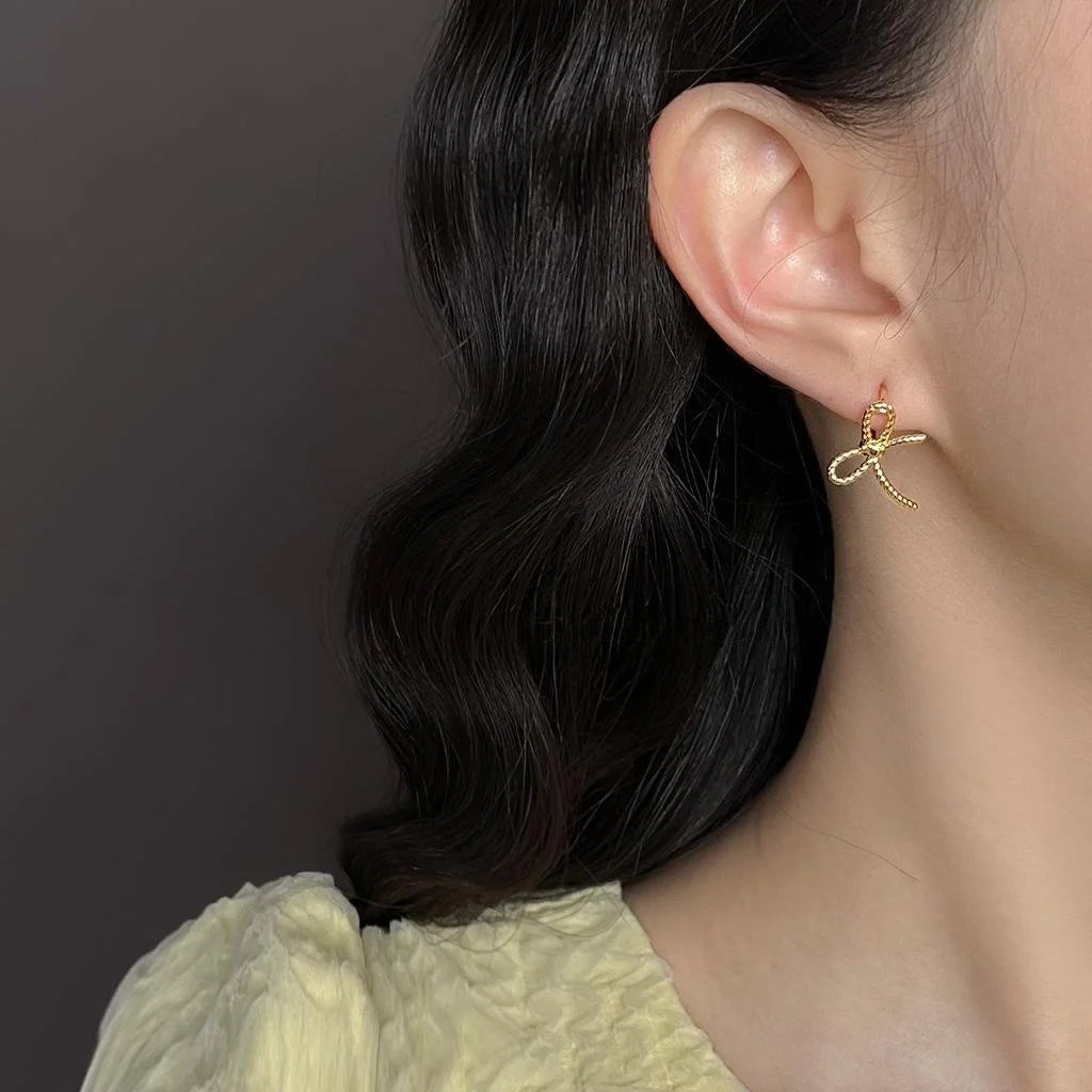 Simple Copper Bow Stud Earrings With Polka Dot Rope Knot Design Sweet Commuter Jewelry