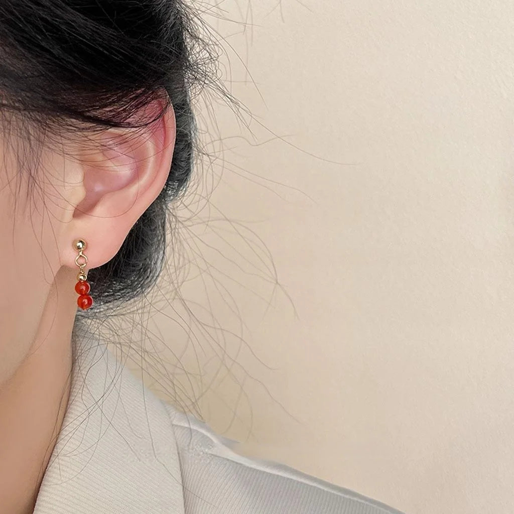 Handmade Red Agate Gourd Stud Earrings Copper New Chinese Style Mini Natural Stone Jewelry