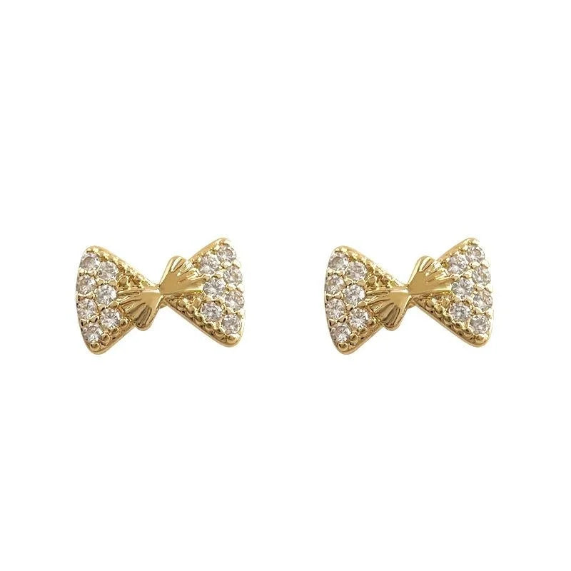 Tiny Micro Pave Zircon 14K Plated Copper Bow Stud Earrings Minimalist Everyday Jewelry