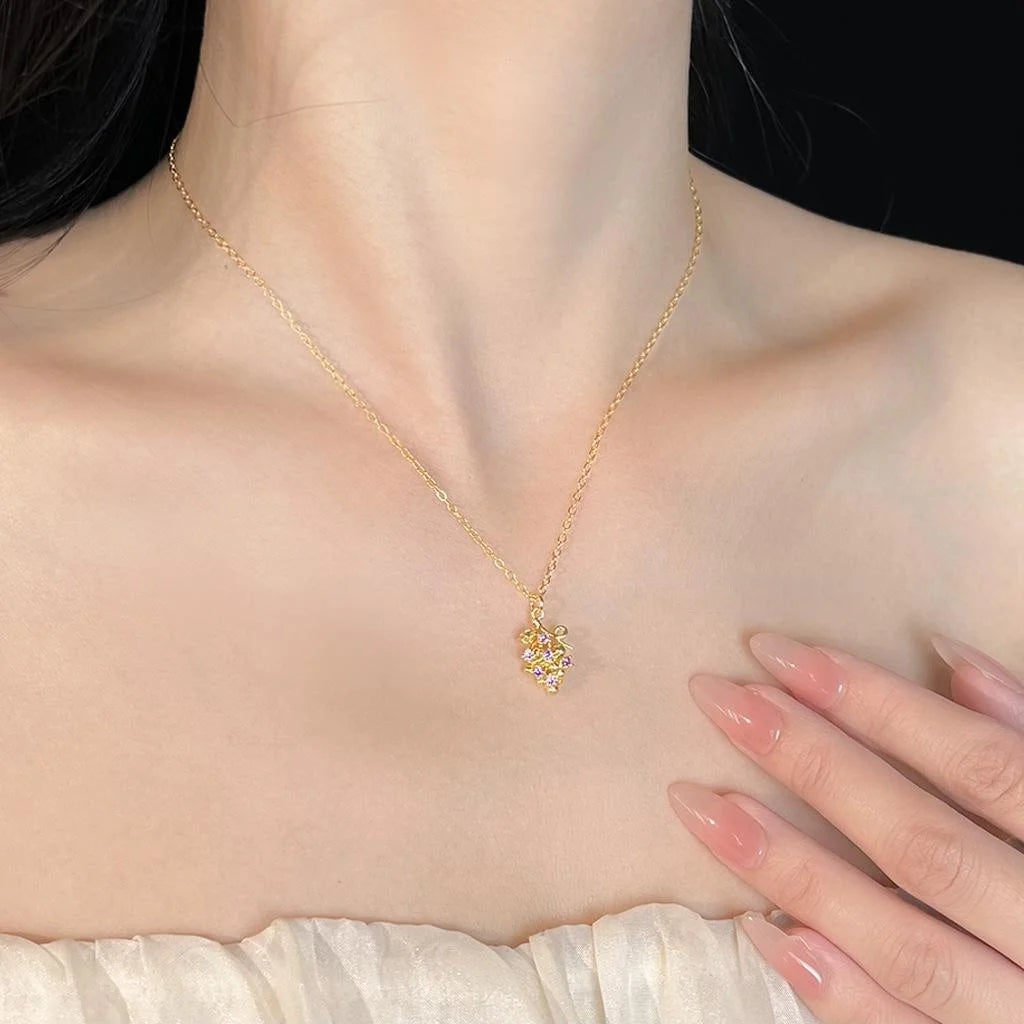 18K Gold Plated Copper Purple Grape Zircon Fruit Pendant Necklace Light Luxury Clavicle Chain