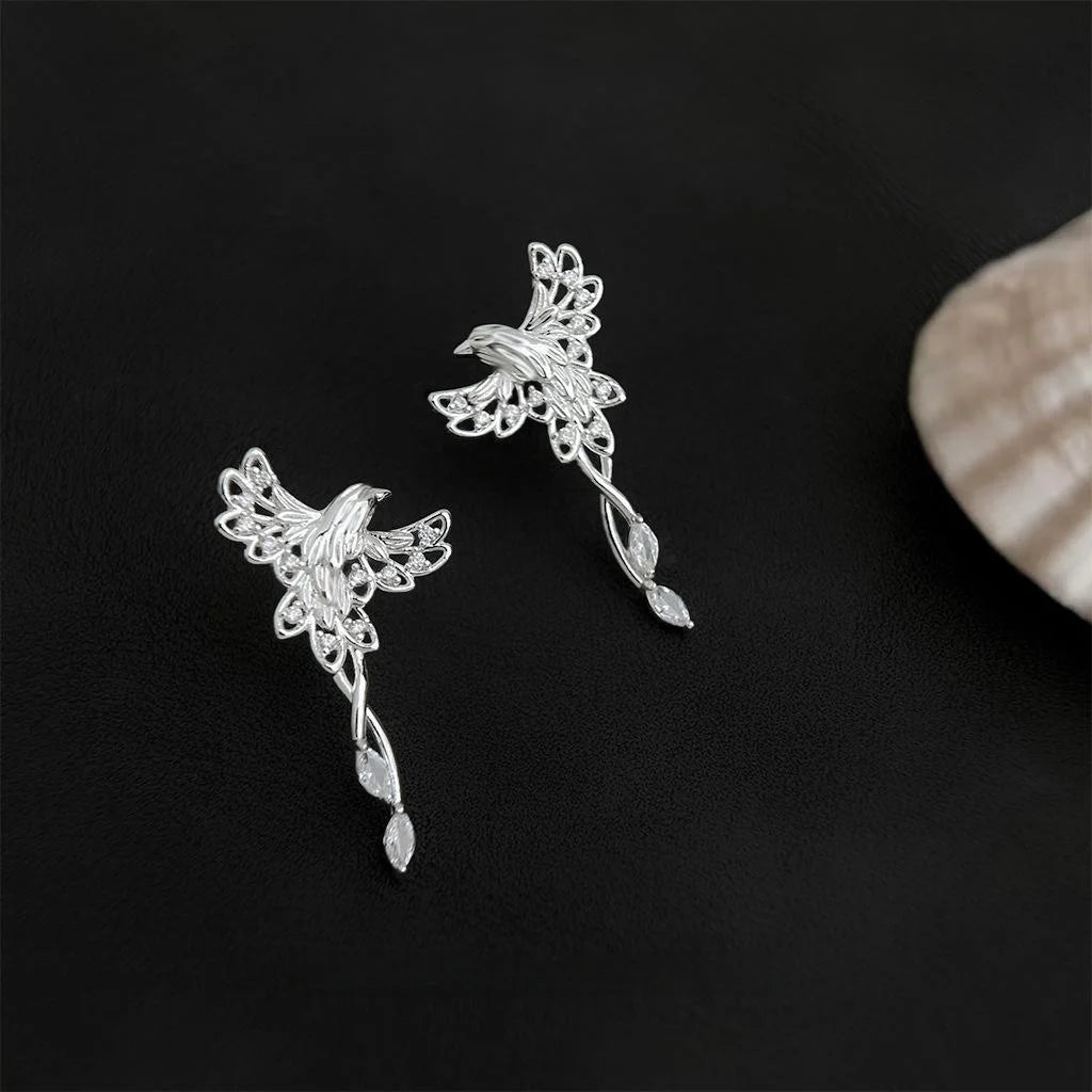 Light Luxury Zircon Phoenix Bird Drop Earrings Silver Plated Micro Pave Animal Jewelry