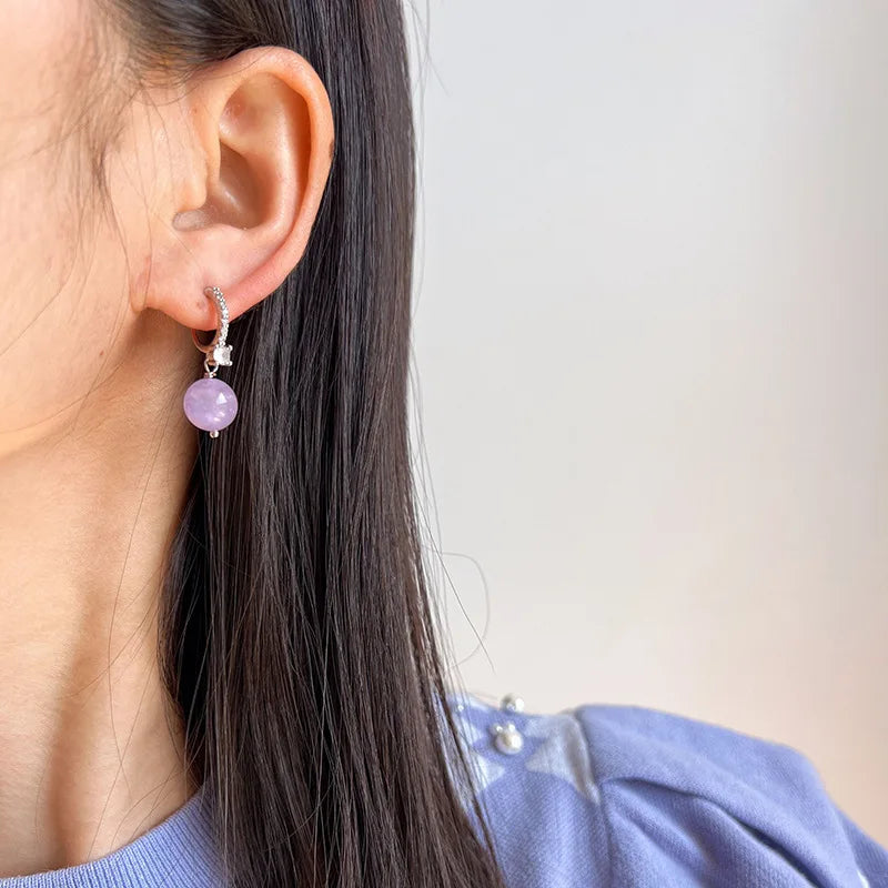 Elegant Purple Amethyst Round Bead Drop Alloy Zircon Stud & Clip On No Piercing Dangle Earrings