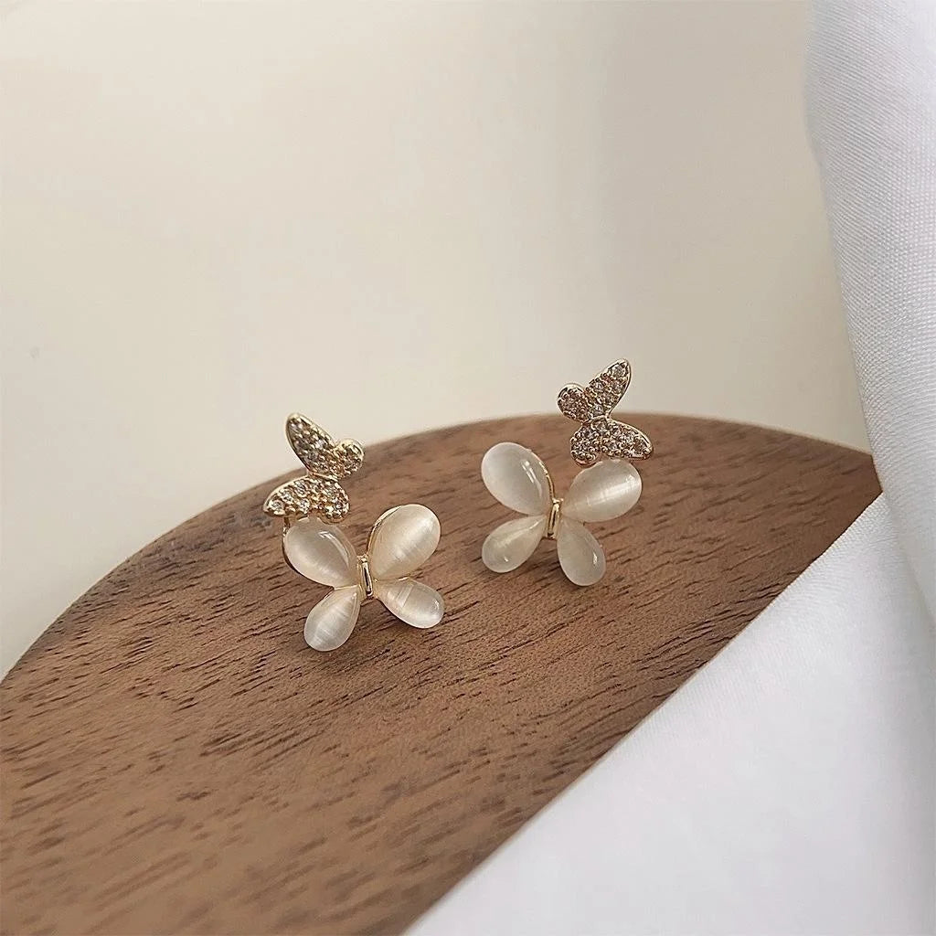 Sweet Butterfly Glass Cat Eye Stone Zircon Micro Pave 14K Plated Drop Earrings