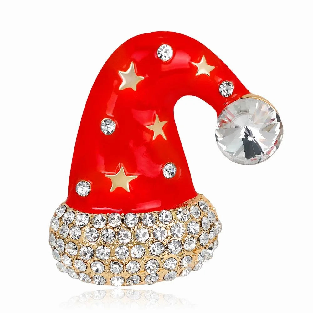 Cute Red Enamel Christmas Santa Hat Brooch With Rhinestone Stars, Alloy Lapel Pin Corsage Gift