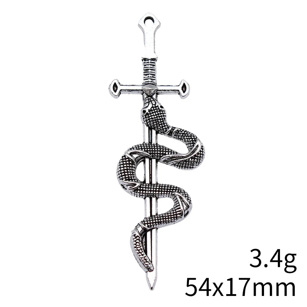 54x17mm 3.4g Antique Silver Zinc Alloy Snake Sword Charm Pendant for DIY Cosplay Jewelry Making
