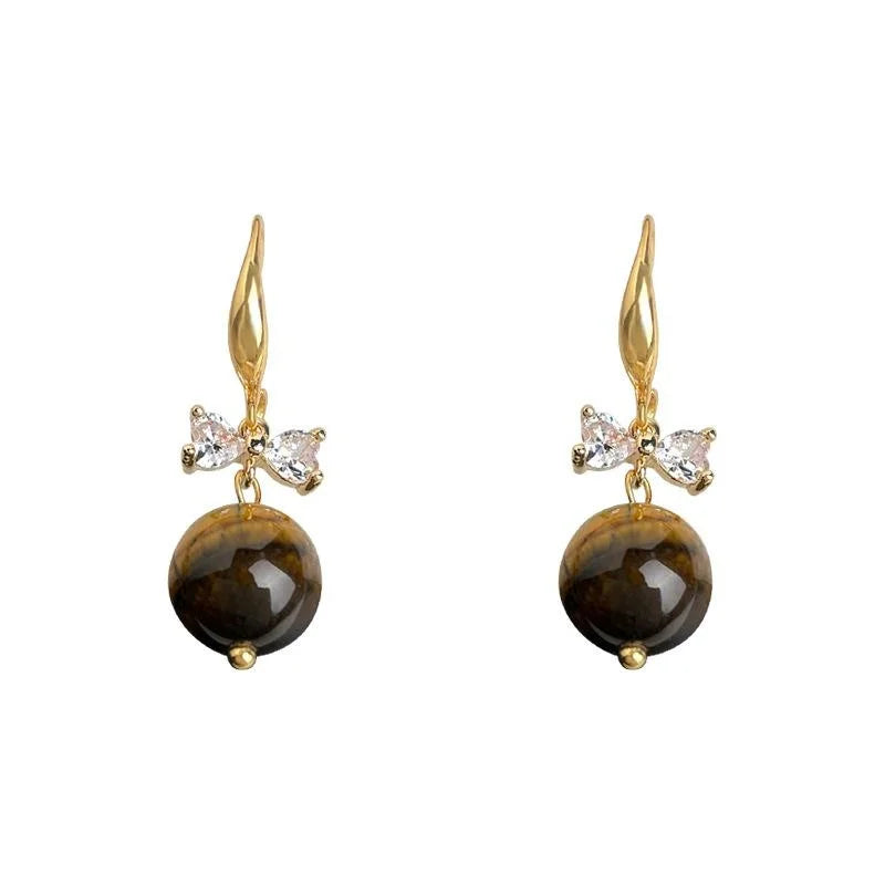 Natural Tiger Eye Stone Bow Drop Earrings Copper Zircon Maillard Style Elegant Jewelry