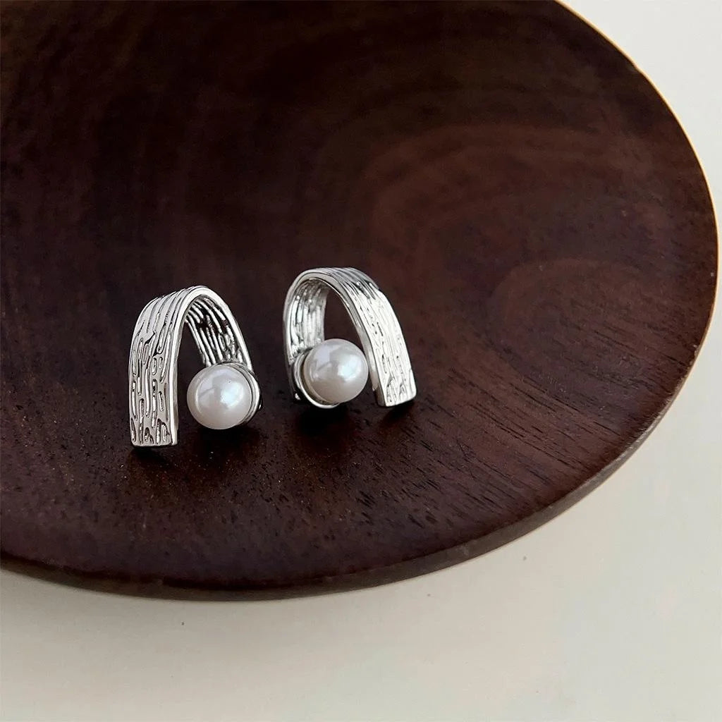 Niche Designer Geometric Textured Copper Glass Pearl Drop Earrings For Women Ring Line Fashion Jewelry