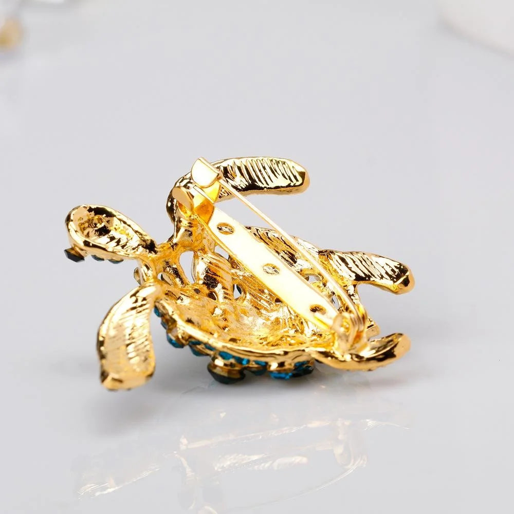 Luxury Sea Turtle Rhinestone Alloy Brooch, Blue Green Crystal Lapel Pin Corsage For Women Suit Gift