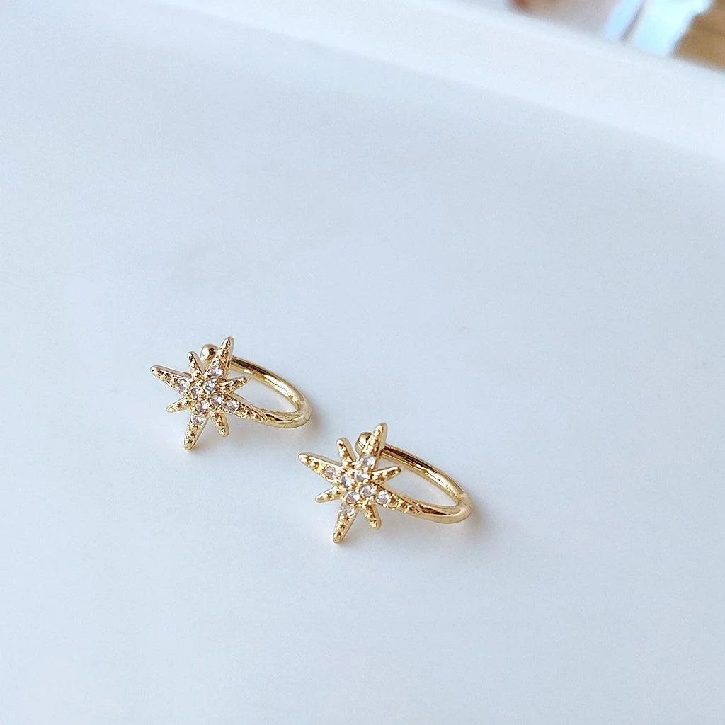14K Gold Plated Zircon Six-Point Star Clip-On Drop Earrings Korean Minimalist Ear Cuff Jewelry