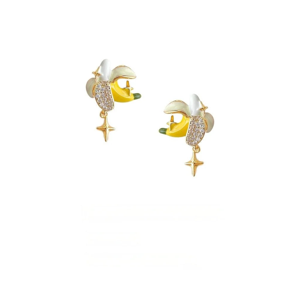Cute Banana Stud Earrings Copper Zircon Micro Pave Hand Painted Enamel Fruit Jewelry