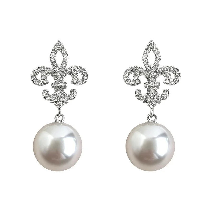 Light Luxury Iris Flower Copper Glass Pearl Micro Pave Zircon Geometric Drop Earrings
