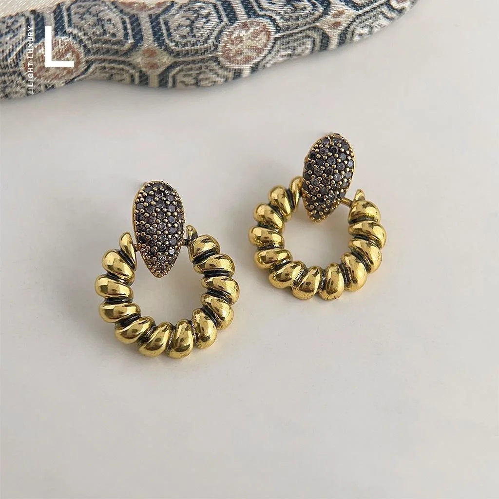 Vintage Oxidized Copper Micro Pave Zircon Oval Geometric Drop Earrings