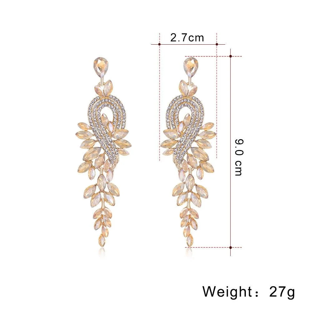 Luxury Green Crystal Leaf Tassel Earrings, Gold Alloy Rhinestone Geometric Dangle Jewelry For Wedding Party