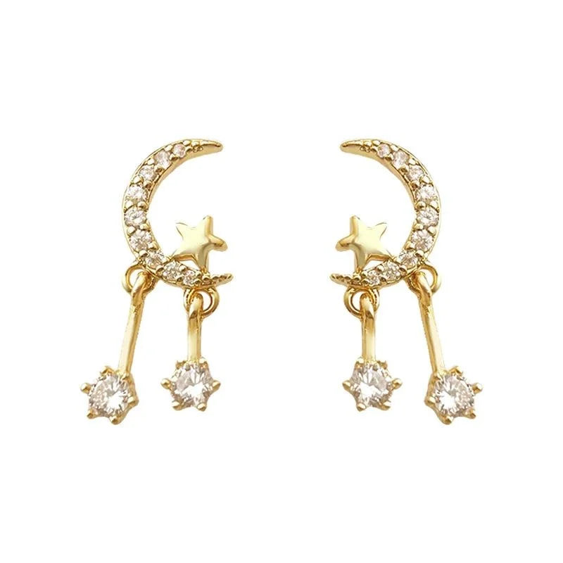 14K Gold Plated Copper Moon Star Zircon Stud Earrings Minimalist Designer Jewelry