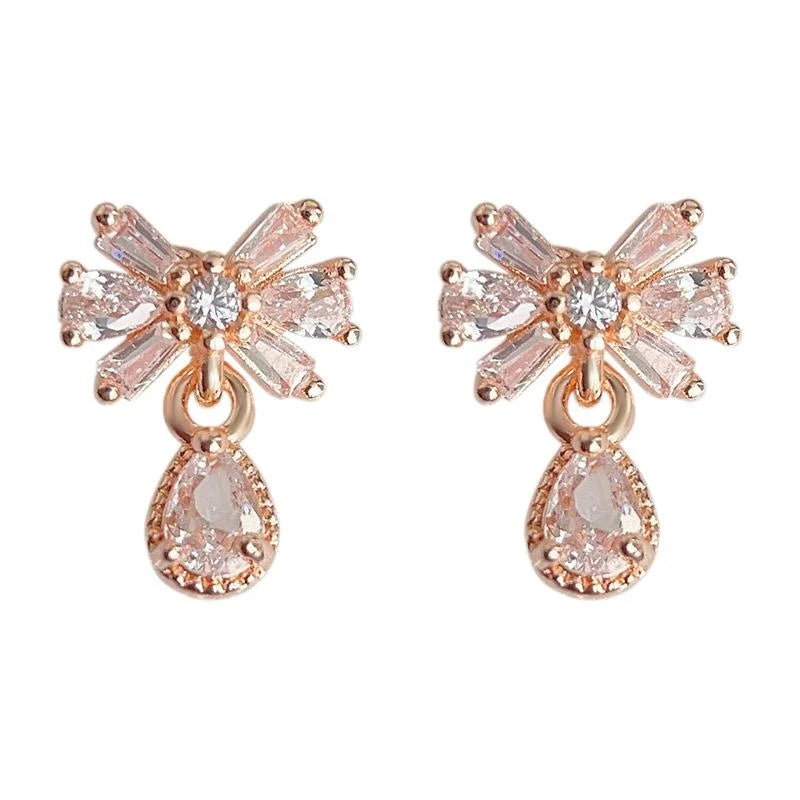 Rose Gold Plated Copper Bow Teardrop Drop Earrings With Micro Pave Zircon Light Luxury