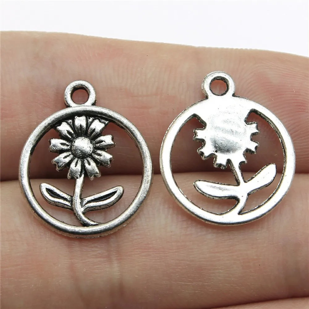17mm 1.3g Antique Silver Zinc Alloy Flower Charm Pendant for DIY Vintage Jewelry Making