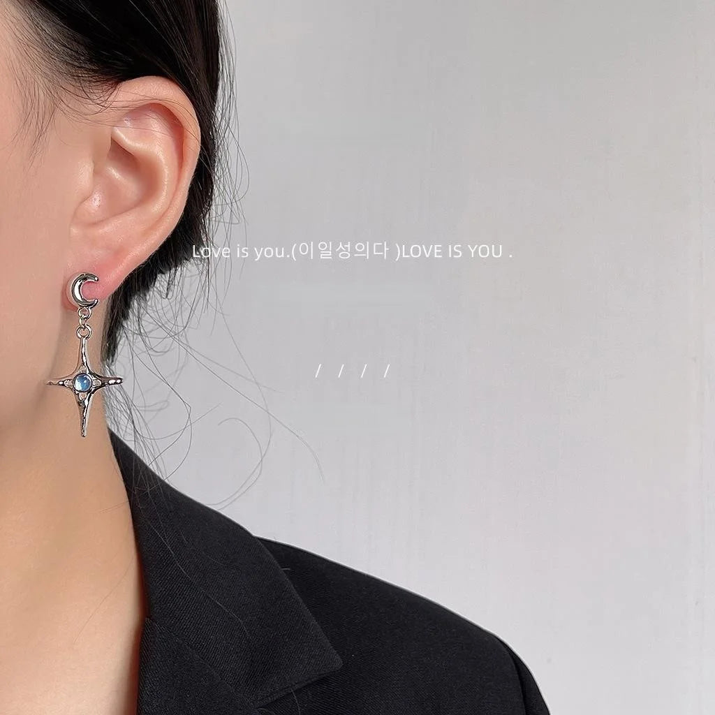Sweet Cool Silver Tone Copper Hexagram Star Moon Long Stud Earrings For Women