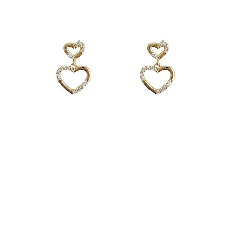 Versatile Copper Micro Pave Zircon Hollow Double Heart Stud Earrings With Silver Plated Pins