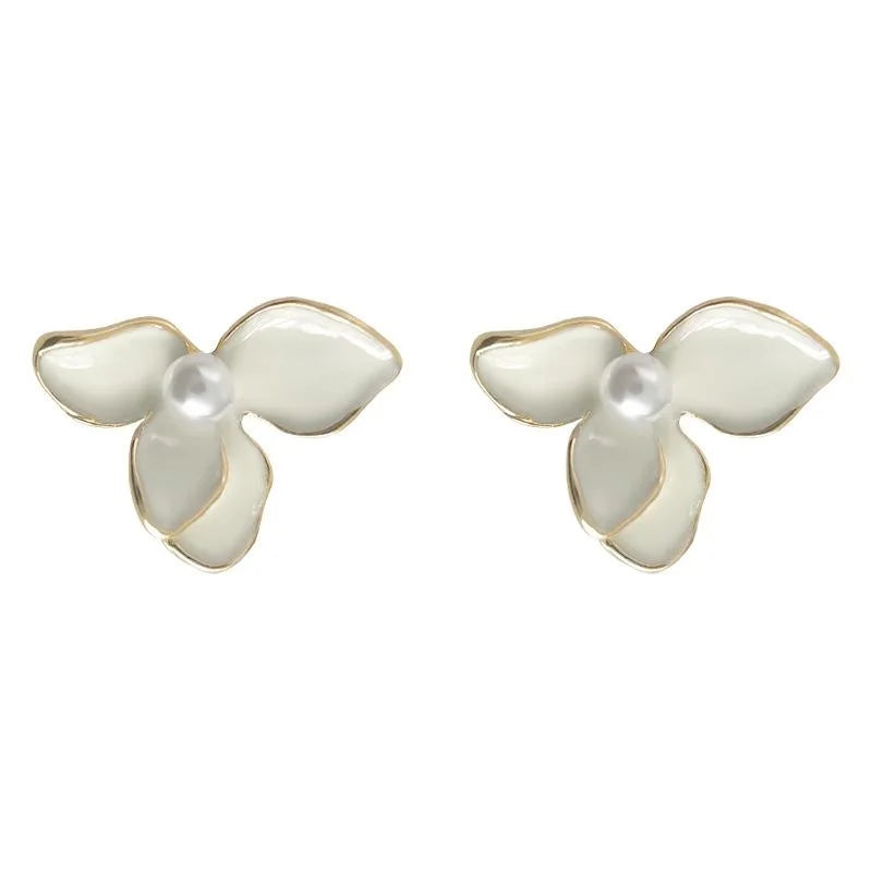 French Vintage Cream White Iris Flower Pearl Copper Stud Earrings With Leaf Design
