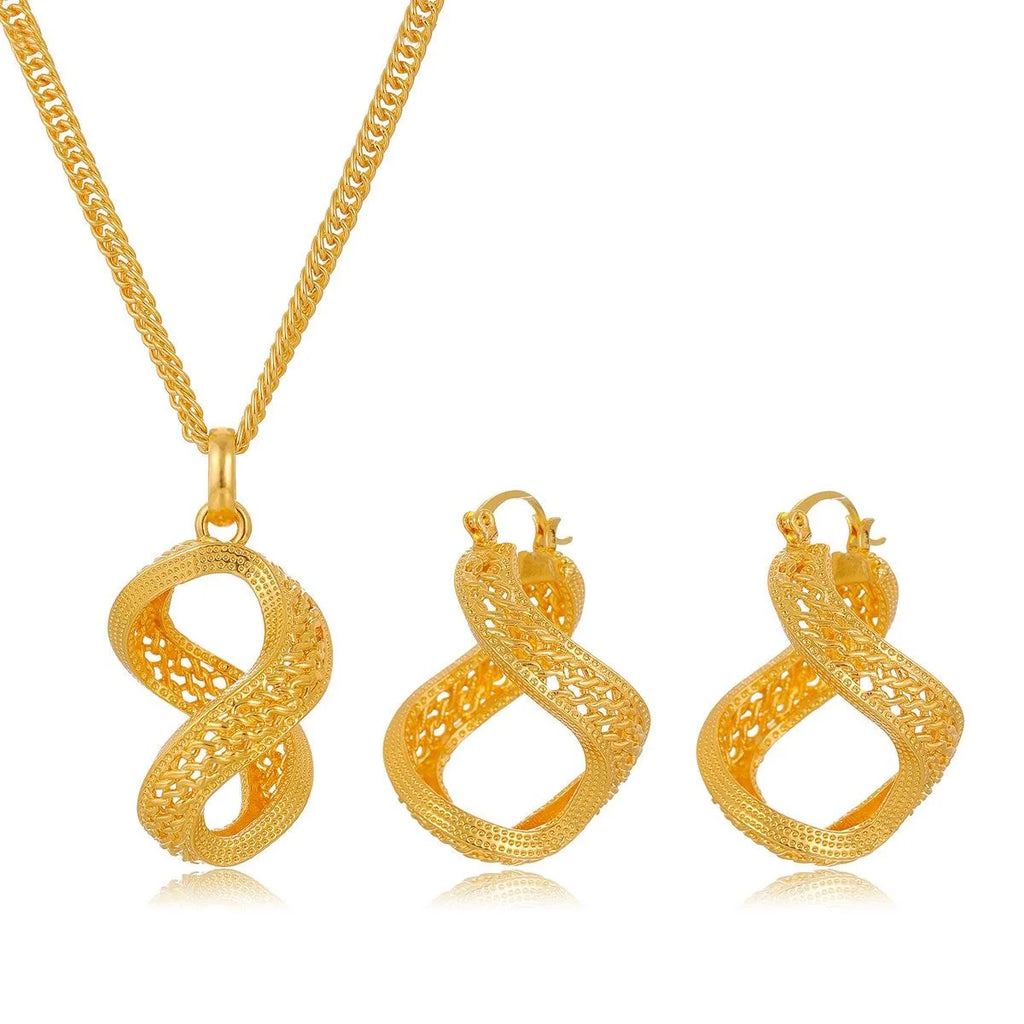 Luxury 24K Gold Plated Alloy Infinity Pendant Necklace And Earrings Jewelry Set For Bridal Wedding Party