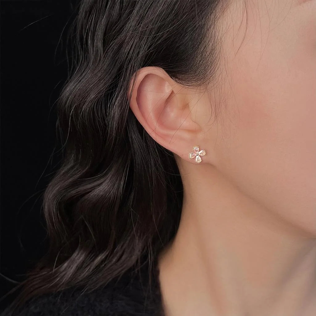 Mini 14K Plated Zircon Flower Petal Stud Earrings For Women Simple Commuter Jewelry