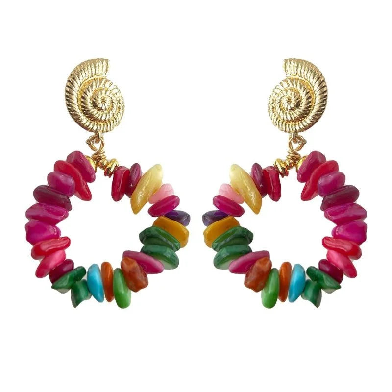 Handmade Colorful Shell 14K Gold Plated Geometric Hoop Drop Earrings Sweet Vacation Style