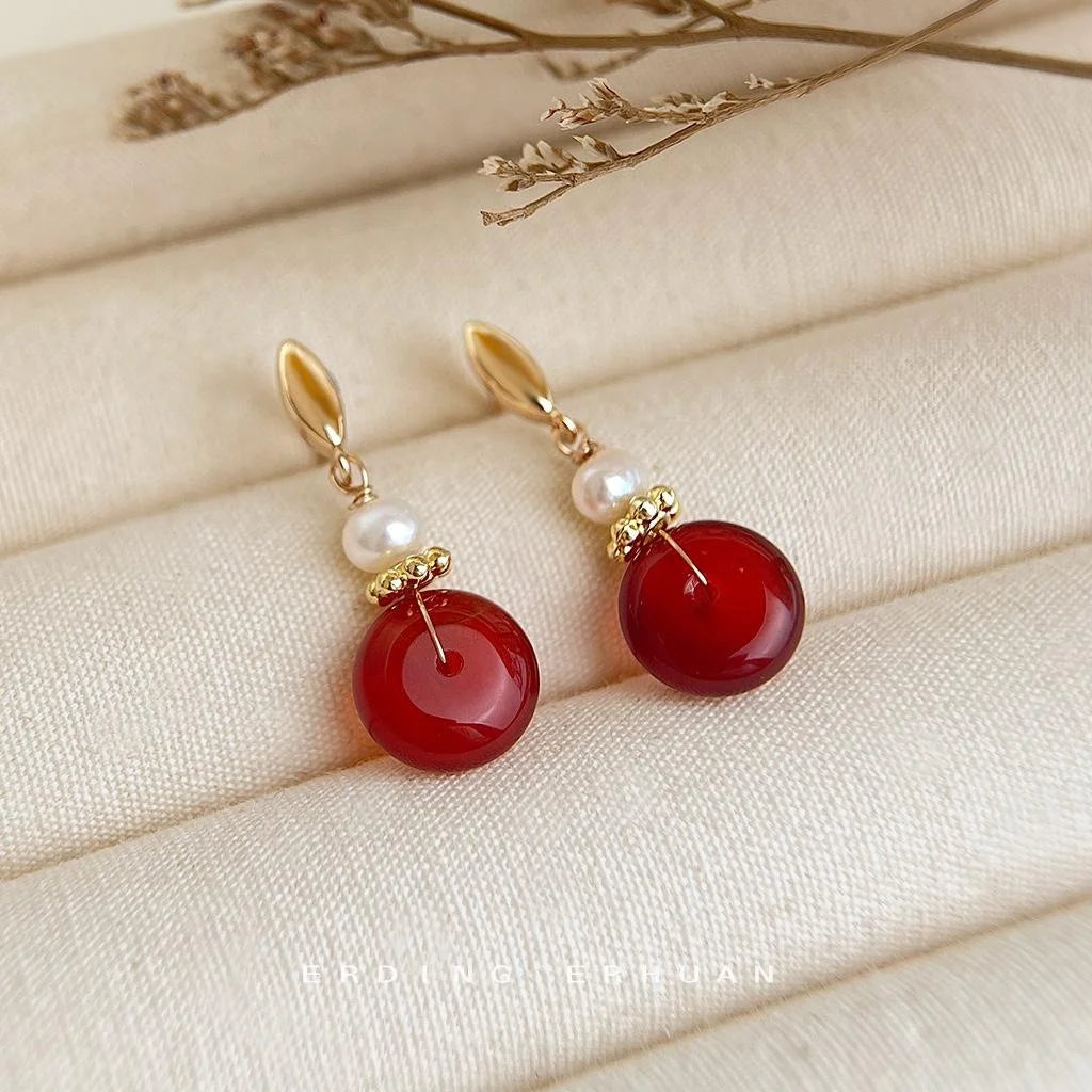 Natural Freshwater Pearl Red Agate Geometric Round Palace Style Drop Earrings