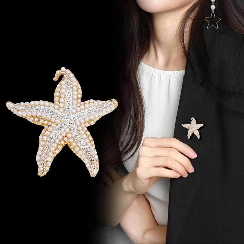 Luxury Starfish Brooch With Pearls And Rhinestones, Gold Alloy Lapel Pin Corsage Suit Accessory Gift