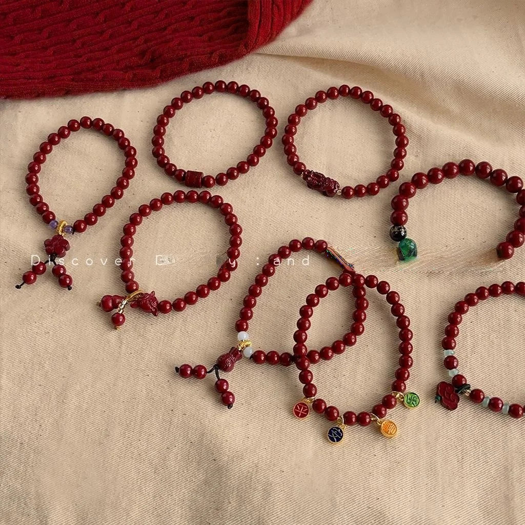 Red Synthetic Cinnabar Stone Pixiu Beaded Bracelet With Fu Charm, New Chinese Zen Style For Women