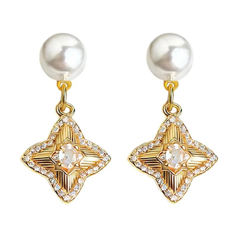 Premium Copper Micro Pave Zircon Glass Pearl Star Geometric Drop Earrings For Women