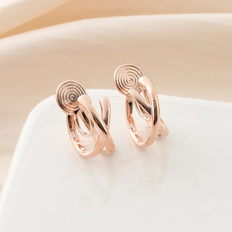Elegant Rose Gold Alloy Spiral Disc Cross Hoop Stud & Clip On No Piercing Women's Fashion Earrings